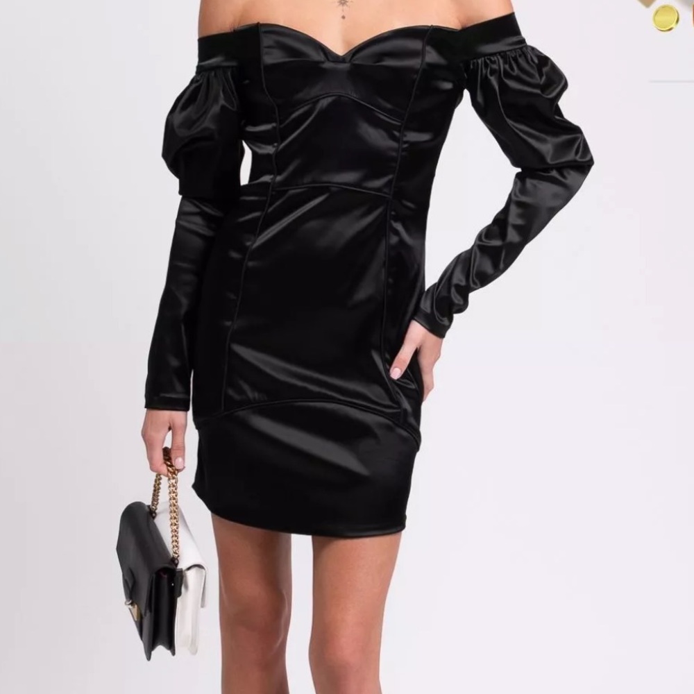 SIMONA CORSELLINI Satin Mini Dress IT40 US4 UK8 S Black Off Shoulder $430